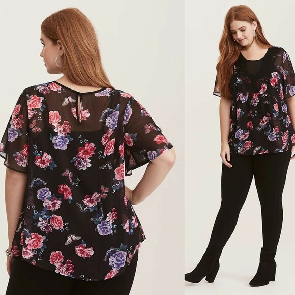 Torrid Floral Print Crinkled Chiffon Top HW9432 - Picture 3 of 8